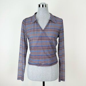 Monki Cross Front Plaid Check Mesh Top